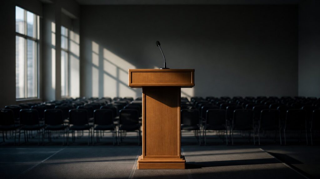 Wooden lectern on an empty conference stage, single microphone, rows of vacant chairs bathed in cold morning light