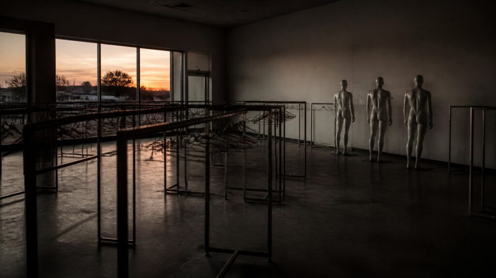 Rows of empty clothing racks in a shuttered store at dusk, hangers swaying, mannequins turned toward a blank wall