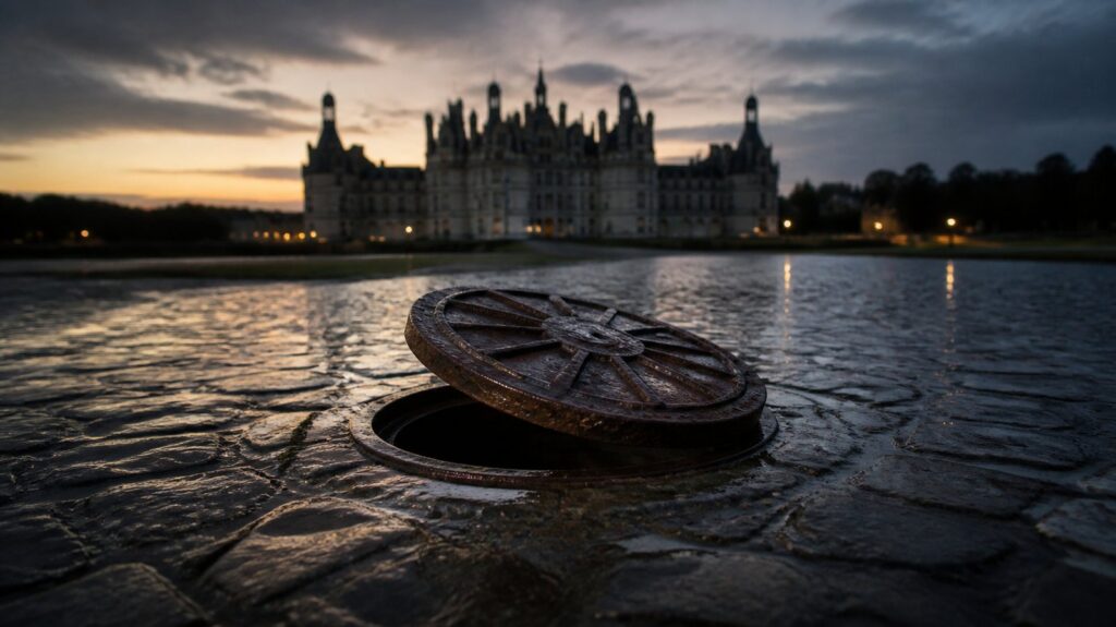 Rusty sewer manhole cover lifted open on a wet cobblestone street at dusk, ornate castle facade blurred behind