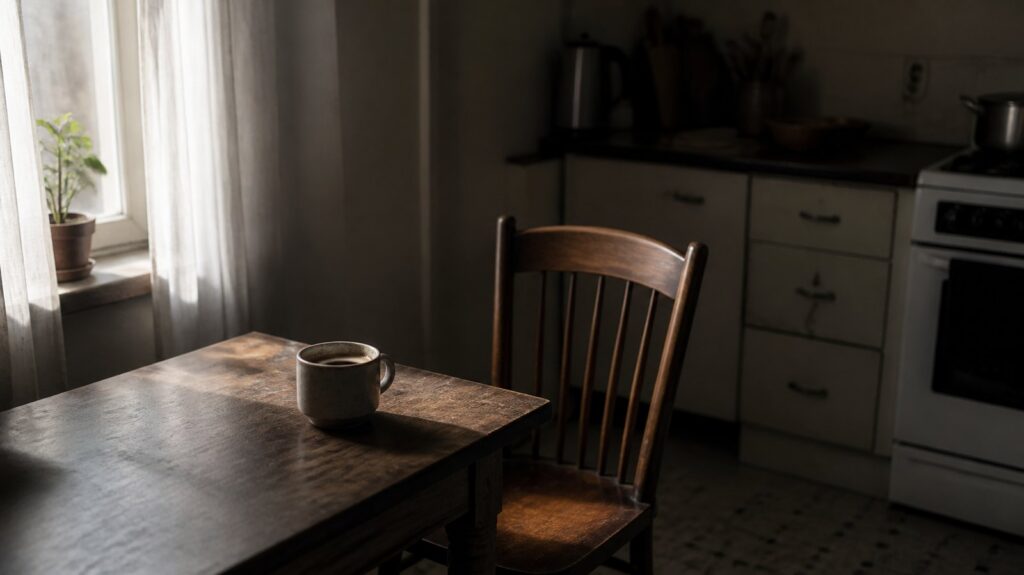 Empty wooden chair at a small kitchen table by a window, morning light, half-drunk cup of coffee going cold