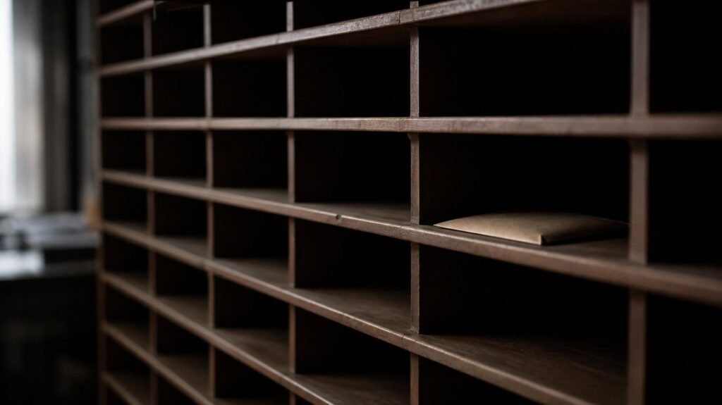 Rows of empty wooden pigeonholes in a newsroom mailroom, a single sealed unmarked envelope waiting in one slot, dim morning light