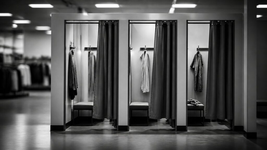 Rows of empty fitting-room cubicles in a discount clothing store, curtains half drawn, garments abandoned on hooks under fluorescent light