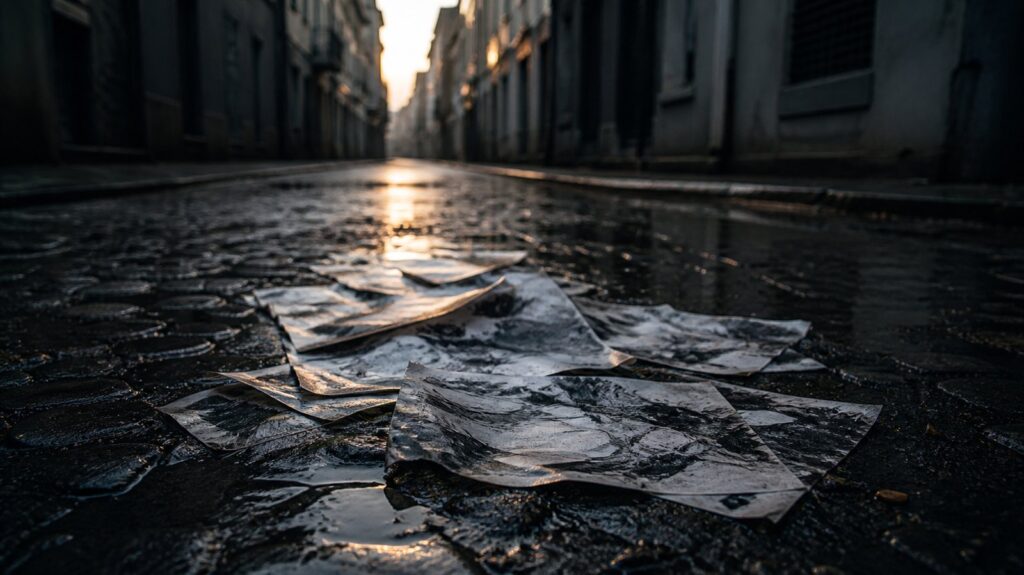 Scattered newspaper pages trampled on wet cobblestones in a narrow city street at dawn, ink smeared by rain