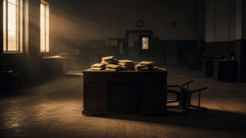 Empty government office at dusk, unopened envelopes piled on a wooden desk, an overturned chair, dust in slanting light