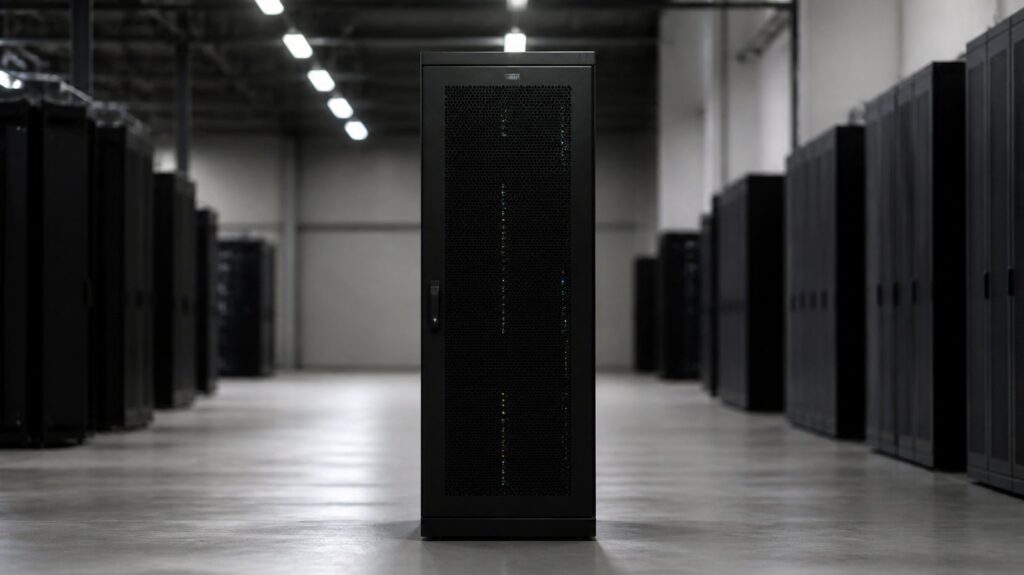 Wide empty telecom equipment hall, tall grey server cabinets in long rows, cold fluorescent light, polished concrete floor, no people