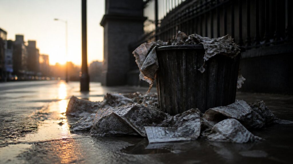 Crumpled tabloid newspapers scattered across wet city pavement at dawn, pages torn, ink bleeding into puddles beside an overflowing bin