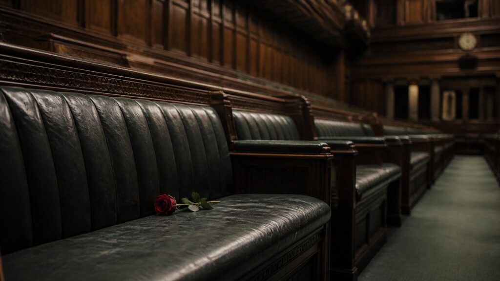 Empty opposition benches in a grand parliamentary chamber, one seat draped with a red rose left behind on worn leather