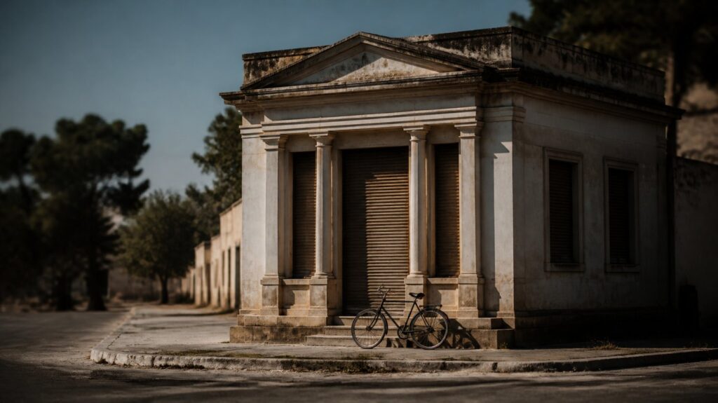 Sun-bleached bank facade on a quiet provincial street corner, closed shutters, empty pavement, a single parked bicycle in summer haze