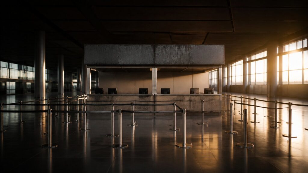 Weathered airline check-in counter at dawn, empty roped queue lanes stretching across a deserted terminal floor
