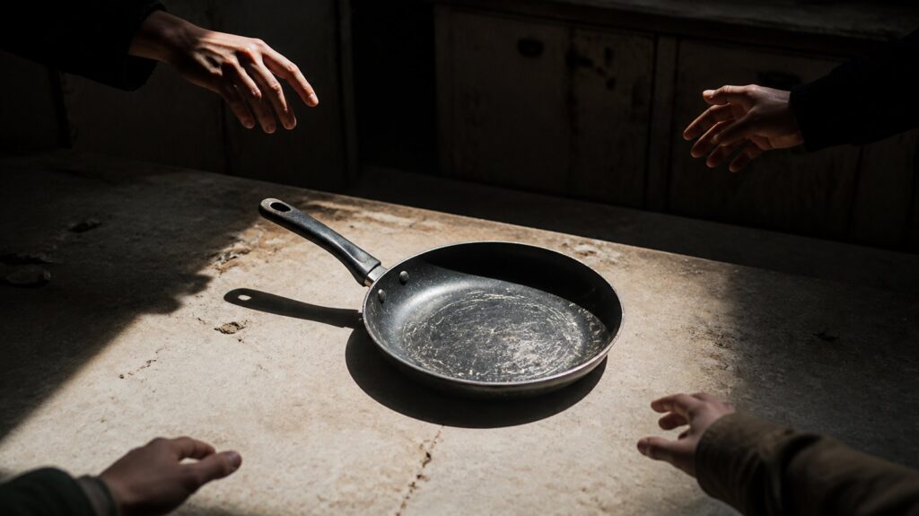 Abandoned kitchen countertop with a scratched nonstick frying pan, a few onlookers' hands reaching in from the edges, harsh overhead light