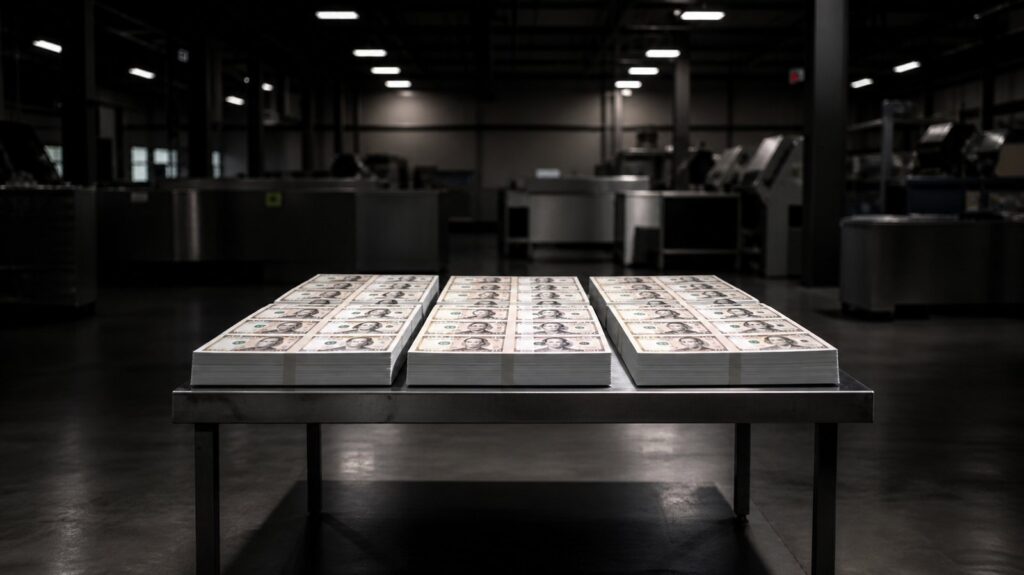 Rows of freshly printed banknote sheets stacked on a steel table in an empty printing hall, harsh overhead light