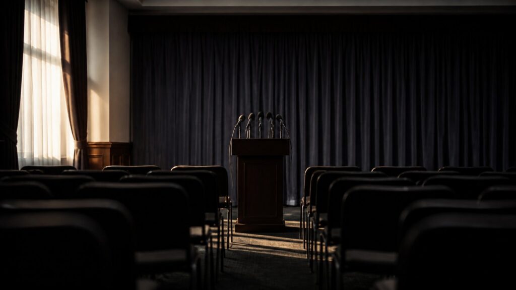 Empty government press room at dawn, rows of vacant chairs facing an unlit podium, microphones clustered, heavy curtains drawn