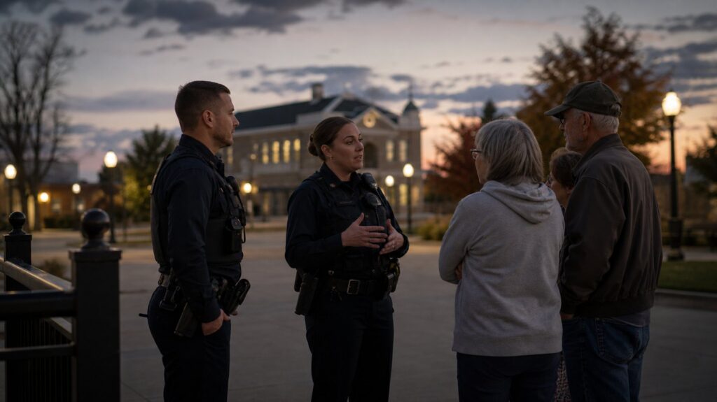 Two uniformed officers on patrol at dusk in a quiet town square, one pausing to speak with a small gathering of residents