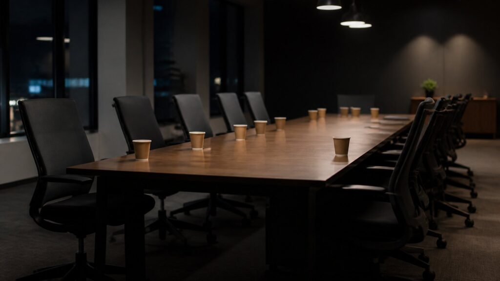 Rows of empty office chairs pushed back from a long conference table, scattered paper cups, overhead lights burning in an evening room