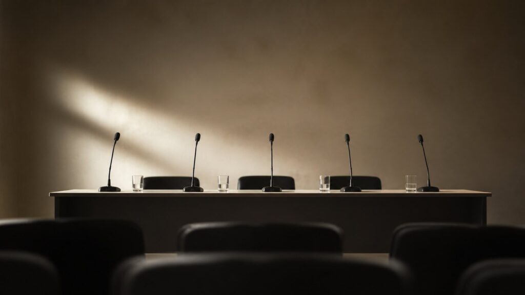Bare municipal press-conference table with empty microphones and untouched water glasses in a beige meeting room