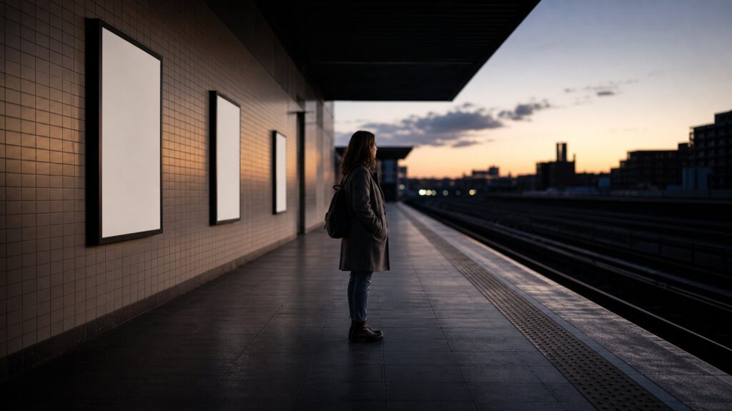 Empty metro station platform at dusk, blank advertising frames along the tiled wall, a single commuter waiting alone