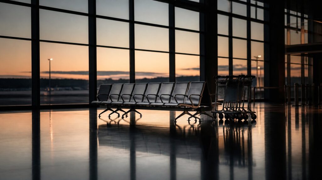 Empty airport departure hall at dusk, rows of vacant seats, motionless baggage carts, wide floor reflecting overhead lights.