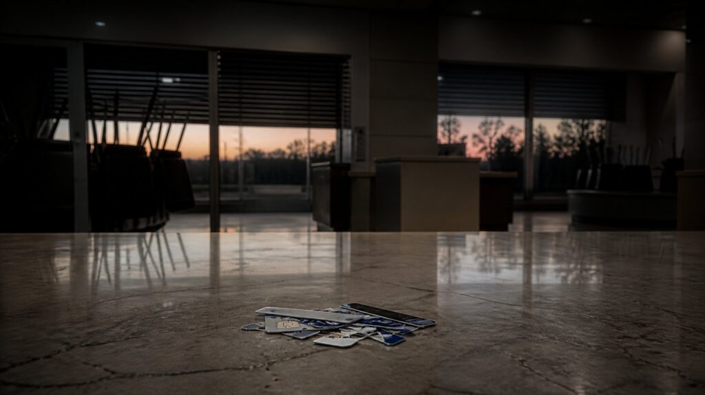 Empty bank branch interior at dusk, a lone shredded plastic card on a marble counter, chairs stacked, shutters half-drawn