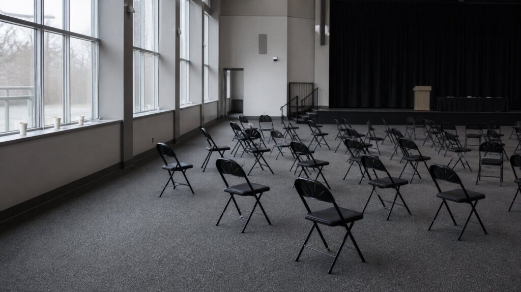 Wide auditorium of a regional conference centre between sessions, empty folding chairs askew, coffee cups left on windowsills, grey daylight
