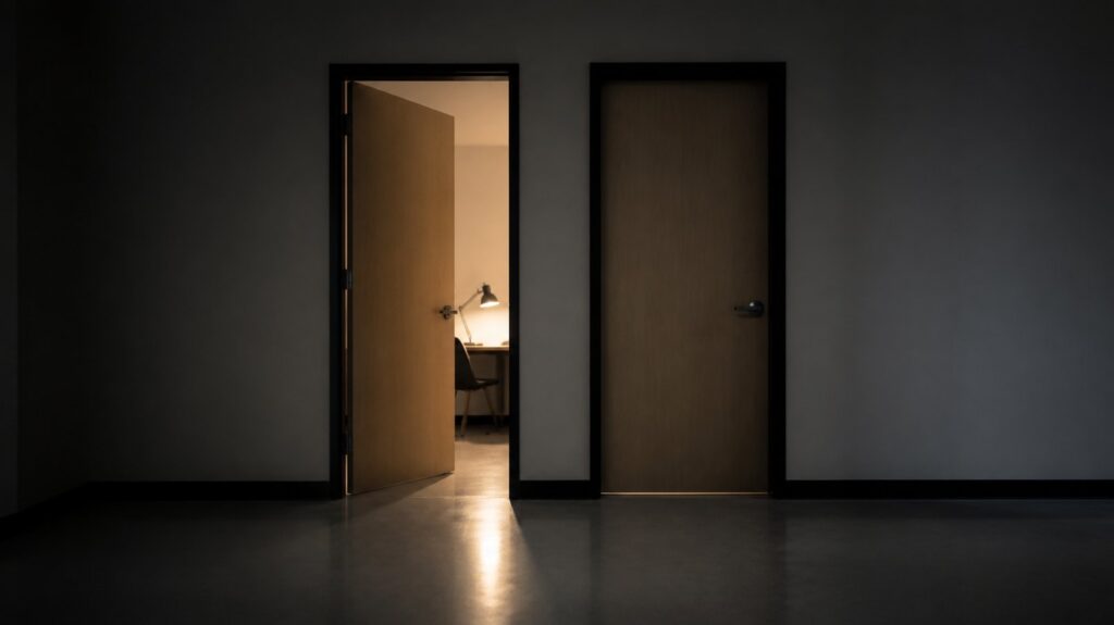Two office doors in a bare corridor, one ajar with a lit desk lamp inside, the other firmly shut.