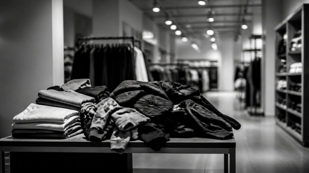Neatly folded stacks of clothing collapsing into disarray on a shop table under harsh retail lighting, empty aisle behind