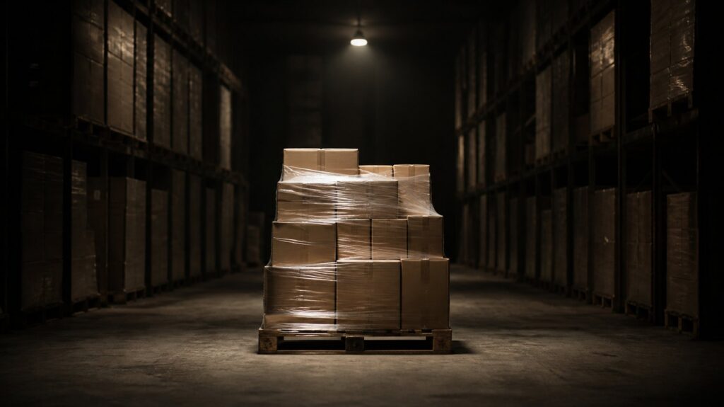 Fresh cardboard boxes stacked to the ceiling in a vast dim warehouse aisle, one pallet abandoned mid-row under flickering light