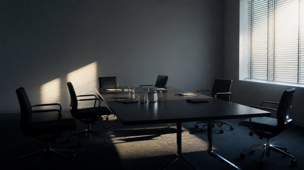 Empty conference room after a meeting, scattered chairs pushed back from a long table, cold morning light through blinds