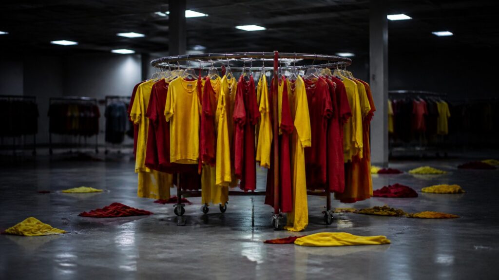 Bright red-and-yellow clothing racks under harsh fluorescent light in a deserted discount store, tangled hangers, crumpled garments across the polished floor