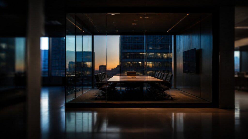 Empty glass-walled meeting room at dusk, long polished table, every chair pushed in, city reflections layering across the panes