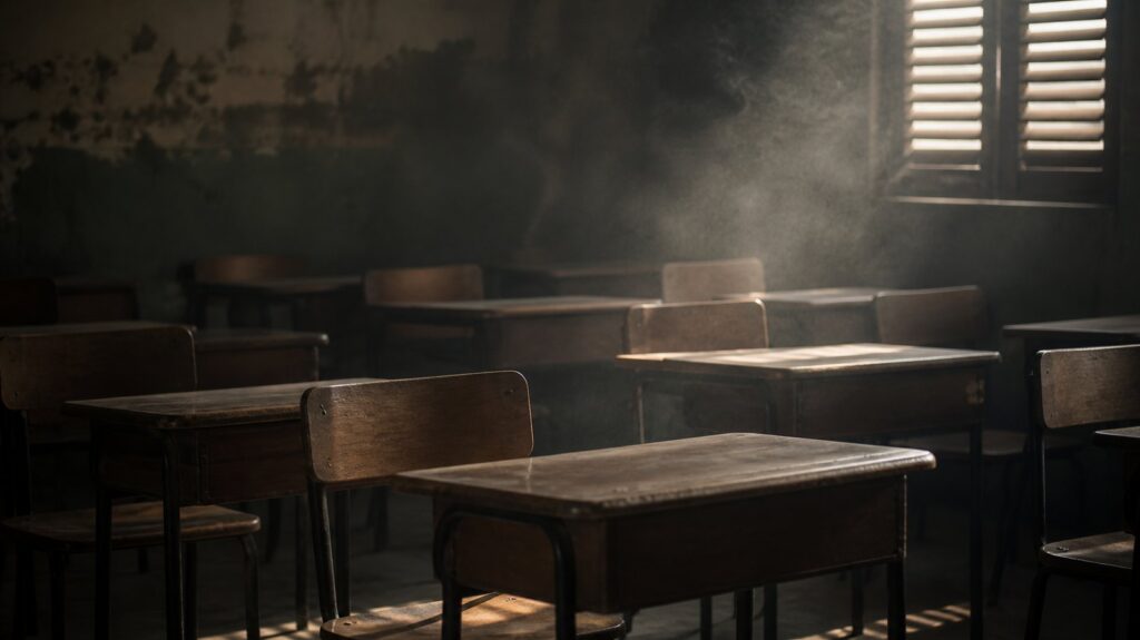 Rows of empty wooden school desks in a bare classroom, chalk dust in the air, shutters half closed at midday