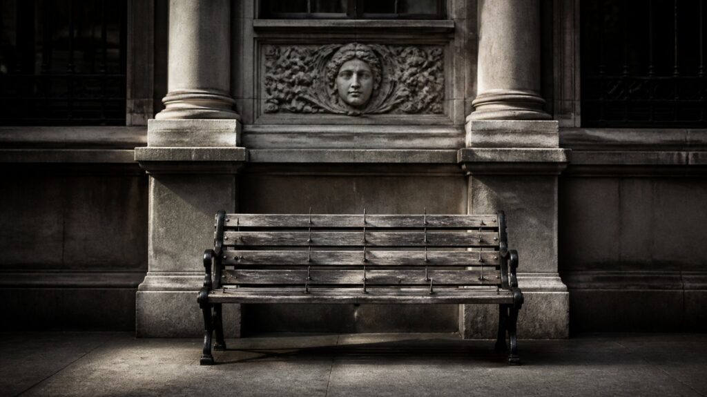 Weathered wooden public bench with metal spikes bolted along its slats, standing beneath the carved stone facade of an old bank building