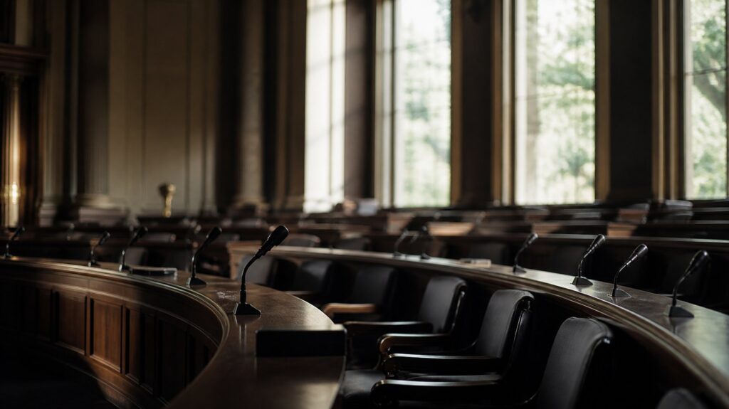 Rows of empty wooden desks in a semicircular assembly hall, microphones tilted upward, morning light through tall windows