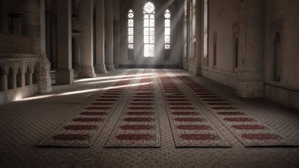 Rows of empty prayer mats in a mosque hall, worn carpet patterns, shafts of daylight from high windows