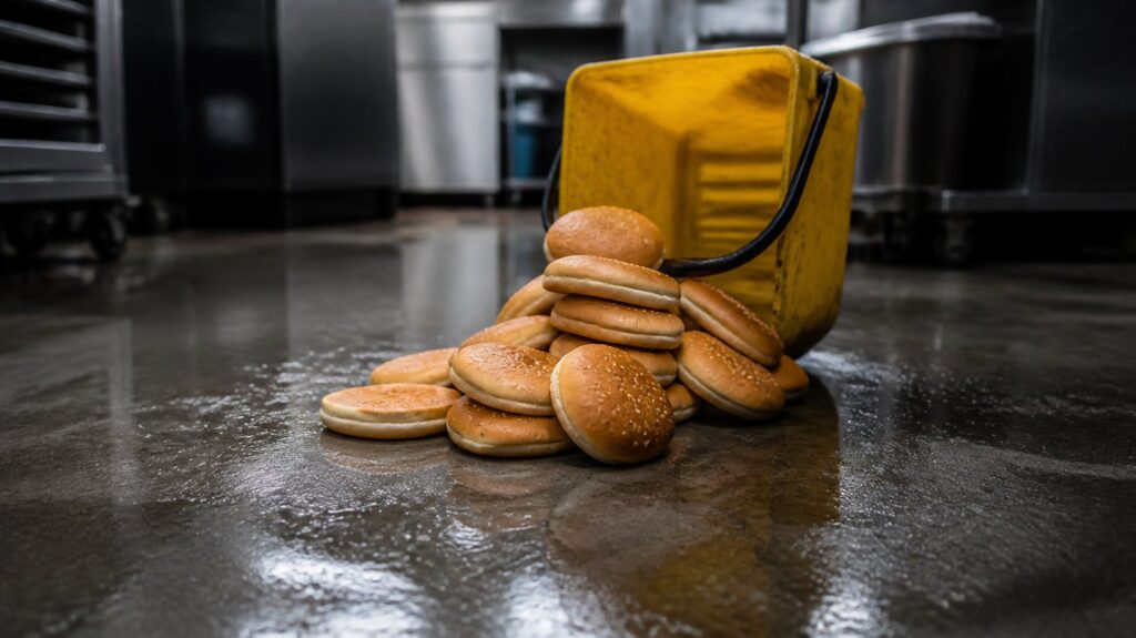 Stacked burger buns spilled across a wet commercial kitchen floor beside a mop bucket, harsh overhead fluorescent light