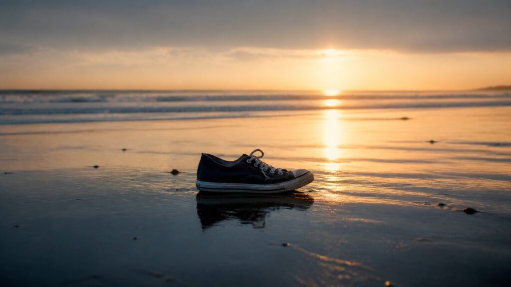 Wet sand at the water's edge on an empty beach at dawn, a single small canvas sneaker left behind