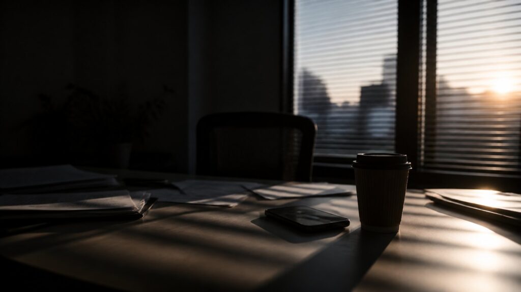 Empty office desk at dawn with a phone face-down beside a cold coffee cup, blinds casting long stripes across scattered papers