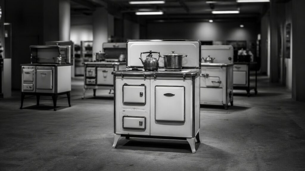 Rows of vintage enamel kitchen appliances displayed on a dusty concrete exhibition floor under harsh fluorescent light, empty aisles