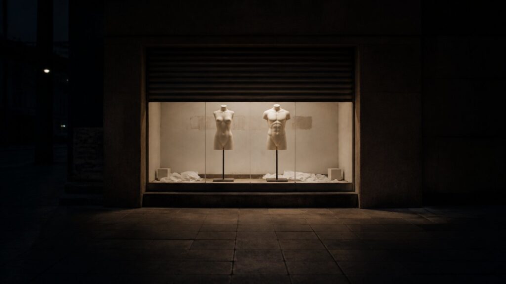 Empty shop window at dusk, hand-lettered paper signs removed, bare mannequin torsos, crumpled tissue on the floor, shutters half down