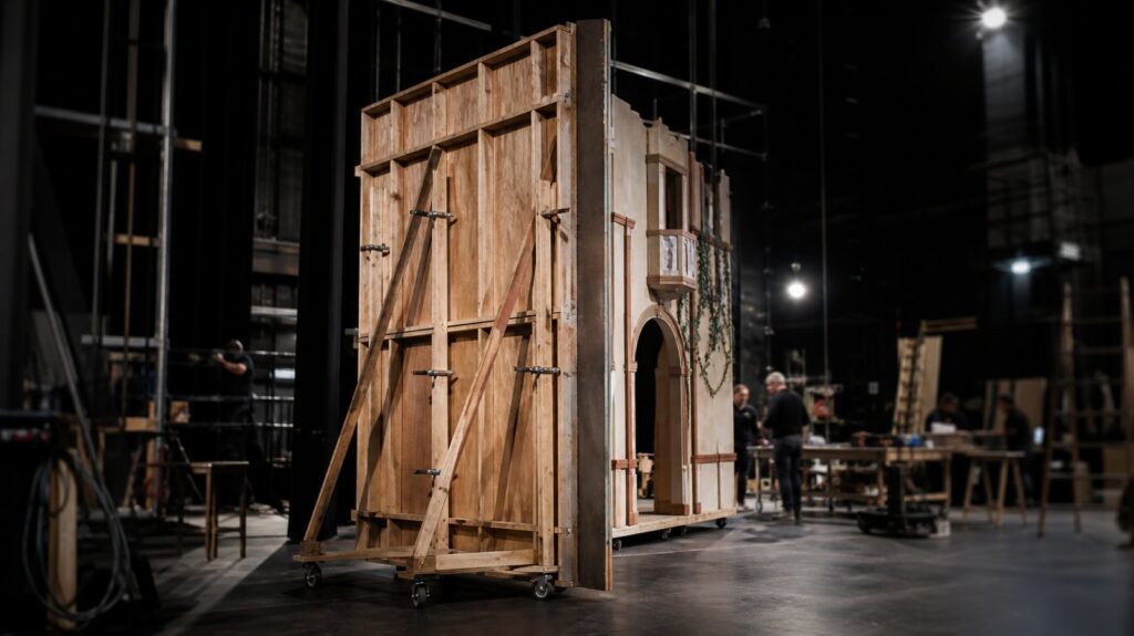 Crowded backstage of a theatre with painted plywood facade propped up by scaffolding, its unfinished rear frame exposed under work lights
