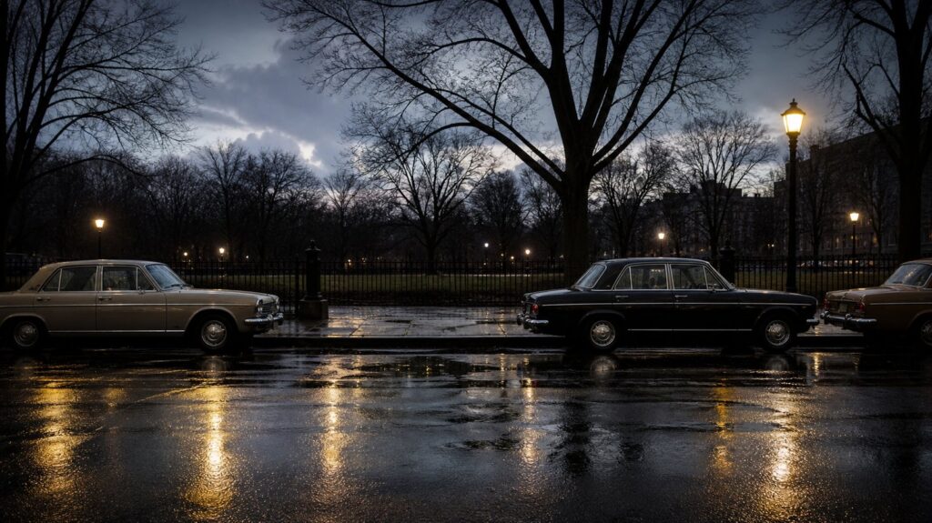 Row of vintage sedans parked bumper to bumper along a rain-slicked city curb at dusk, one empty space among them