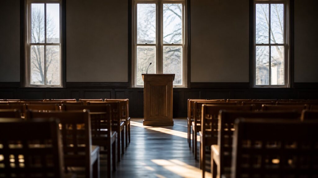 Rows of empty wooden chairs facing a podium in a municipal meeting hall, winter light through tall windows
