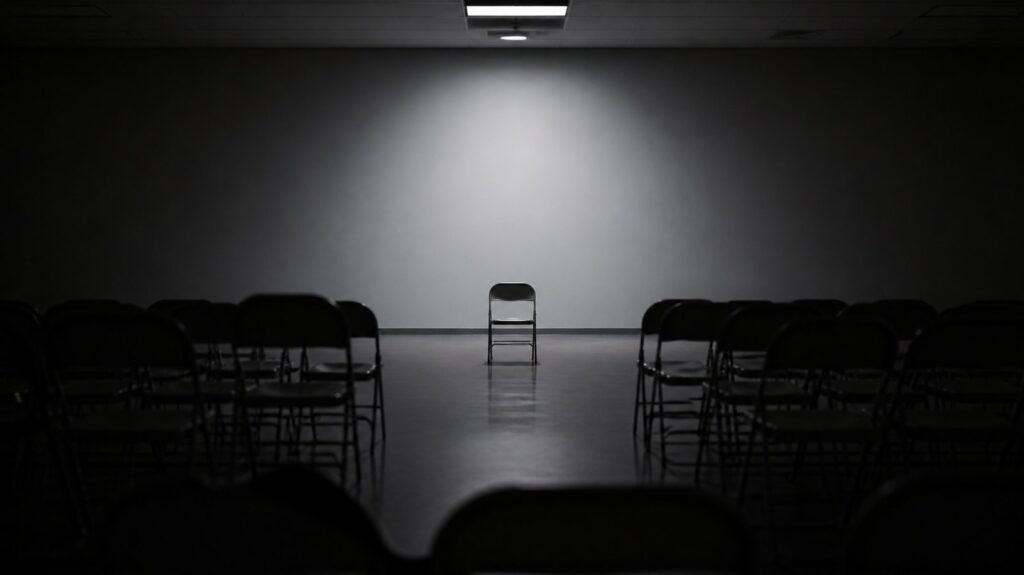 Rows of empty folding chairs in a dim community hall, one chair turned to face the wall, harsh overhead light