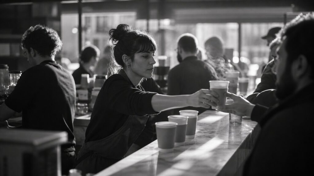 Crowded cafÃ© counter at morning rush, paper cups lined along the pass, steam rising, hands reaching across the marble surface