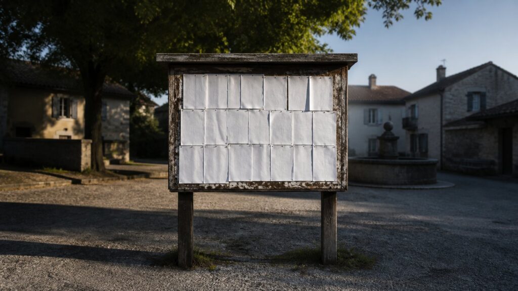 Weathered public notice board in a village square covered with dozens of identical blank white sheets, morning light