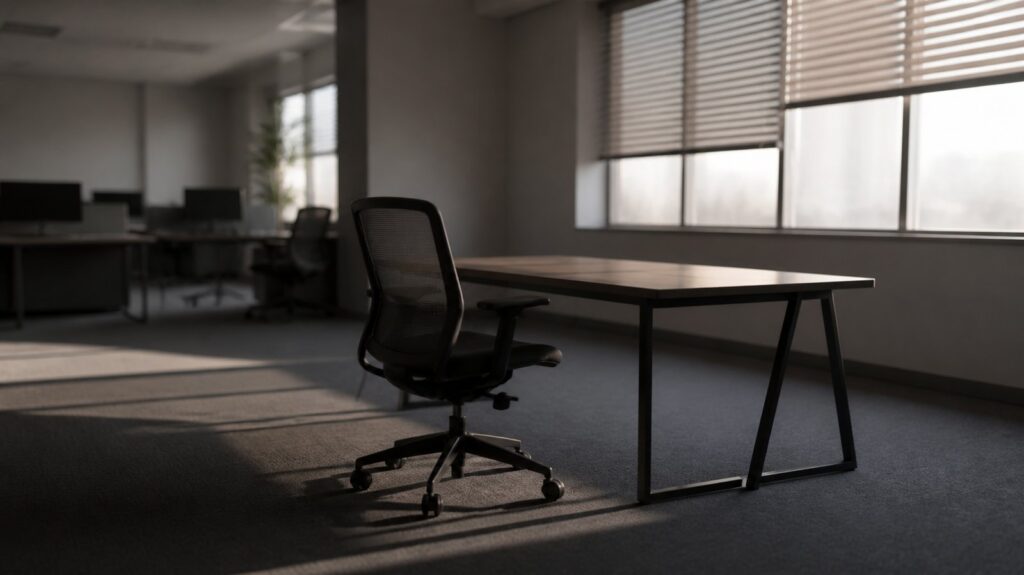 Empty office chair pushed back from a bare desk in a quiet open-plan room, blinds half drawn, morning light
