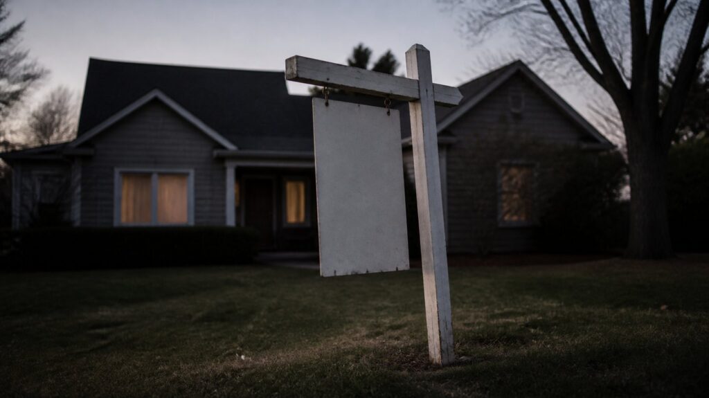 Weathered 'For Sale' sign post standing crooked in front of an empty suburban house at dusk, curtains drawn