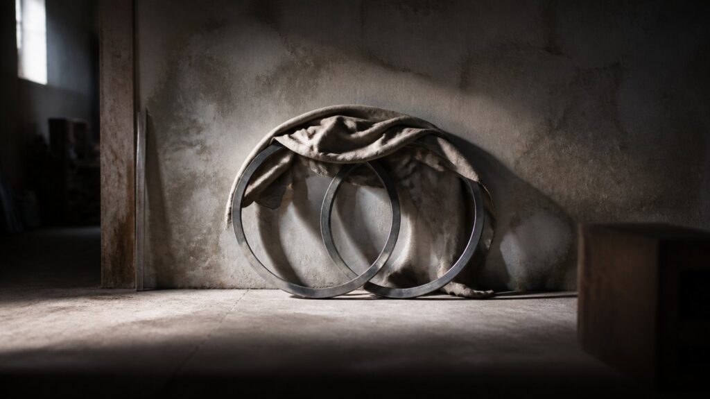 Two Olympic-ring-sized interlocking metal hoops leaning against a workshop wall, half-covered by a dust sheet, morning light