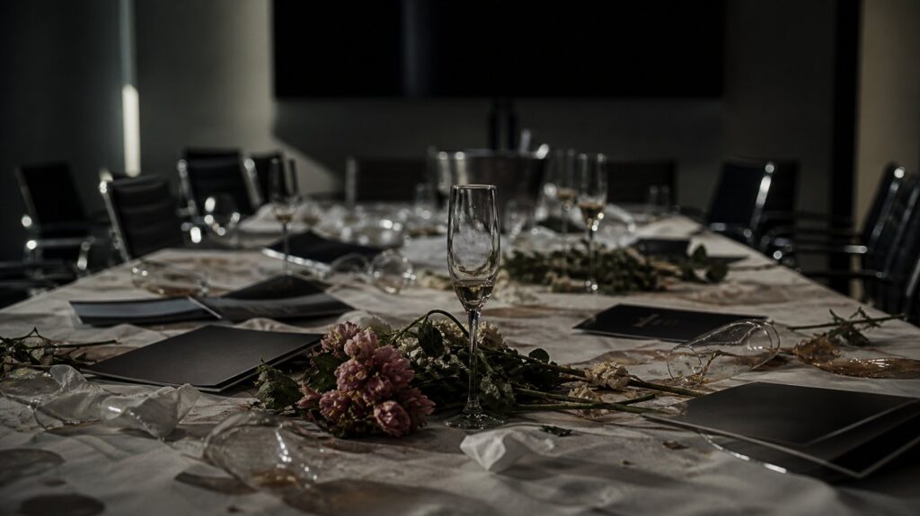 Cluttered agency conference room after a launch party, toppled champagne flutes, crumpled press kits face-down, wilted flowers on a stained tablecloth
