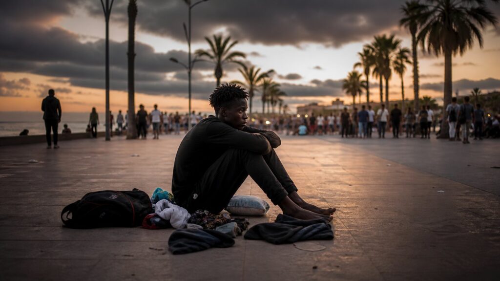 Crowded seaside promenade at dusk, palm trees along a wide empty boulevard, scattered belongings left on warm pavement