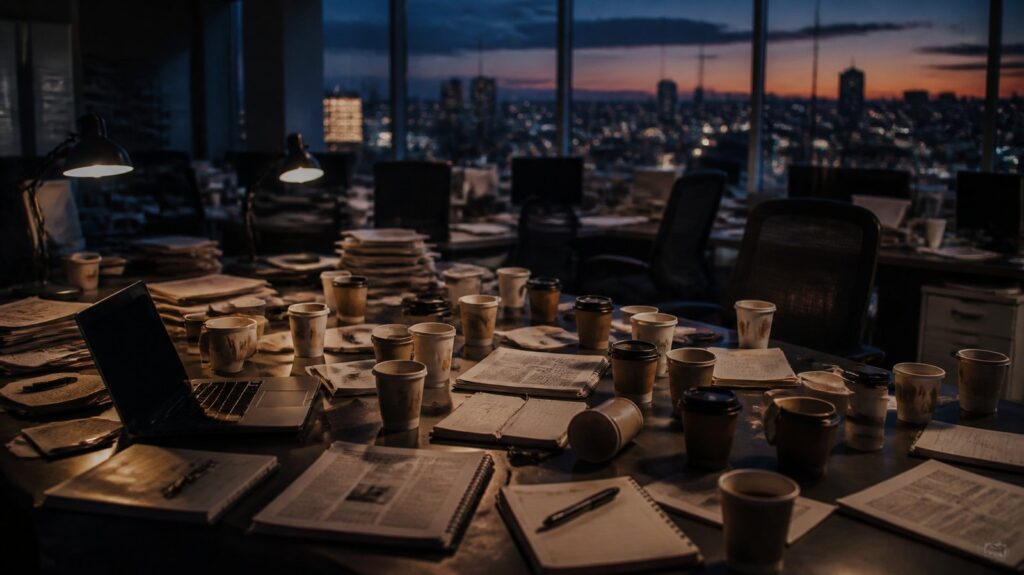 Crowded newsroom desk at dusk, dozens of empty coffee cups and scattered notebooks, chairs pushed back, city lights beyond windows